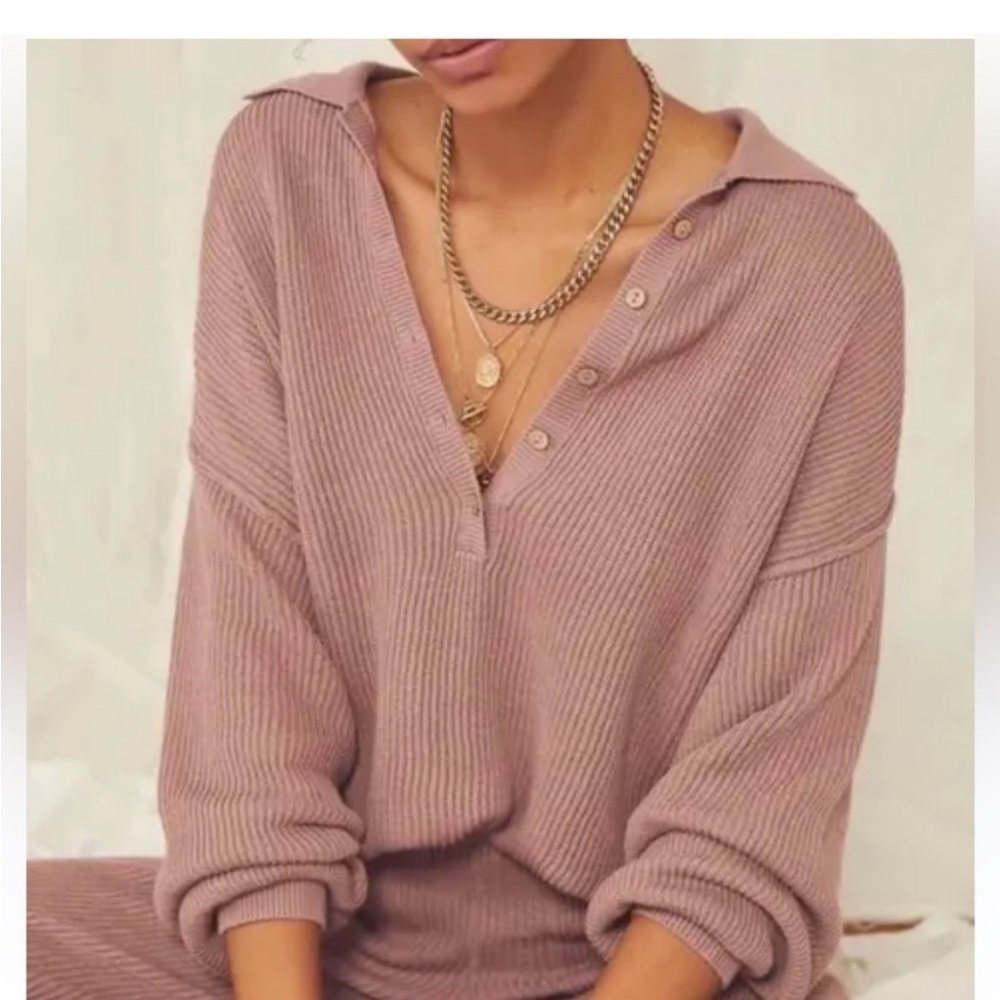FREE PEOPLE BEACH Henley Picnic Sweater In Mauve Size Oversized XS